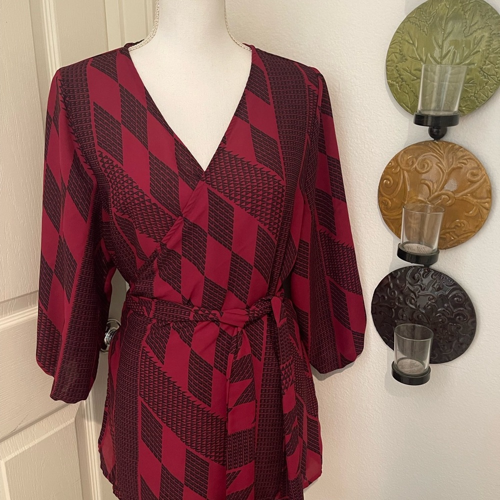 Manaola Red and Black Geometric Wrap Top